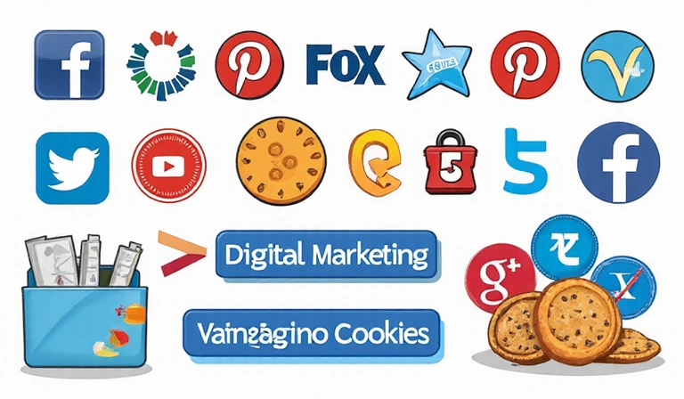 Icone di social media e pubblicità online che rappresentano i cookie di marketing