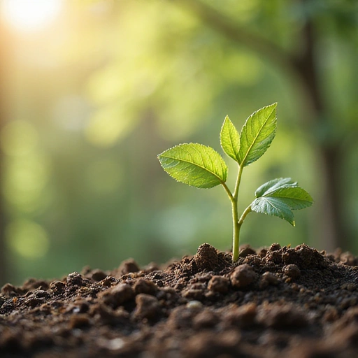 Immagine simbolica di crescita e progresso, con una piccola pianta che germoglia da un terreno fertile, circondata da un'aura di luce e con toni delicati e incoraggianti.